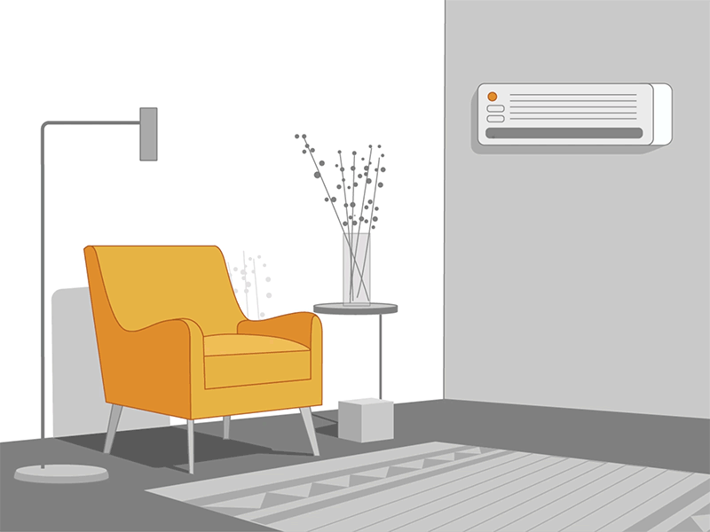 Animatie van een lucht verplaatsende airconditioner in een grijze woonkamer met een gele stoel.